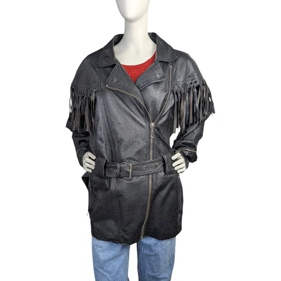 Vintage Black Leather Fringe Belted Biker Jacket By Cosa Nova | Women’s Large - Picture 1 of 9